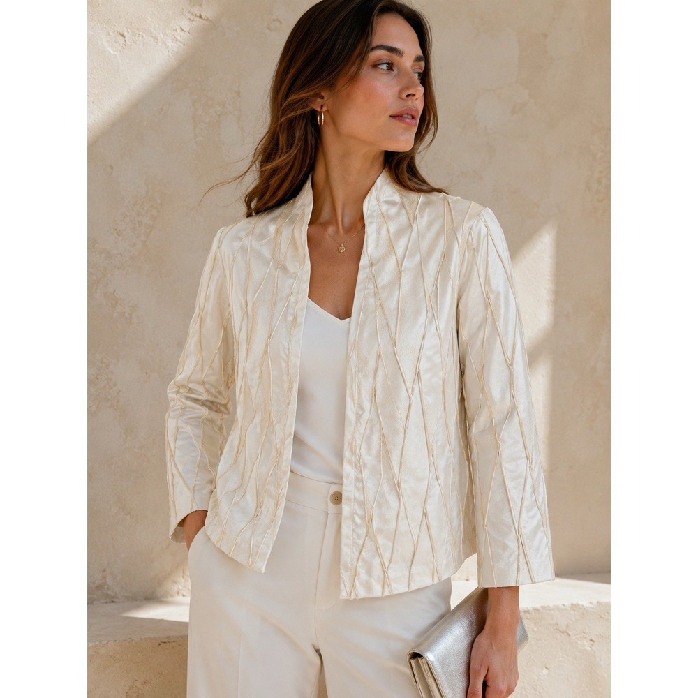 Connie Roberson Ivory 100% Woven Silk Open Front Jacket Blazer Size M Made USA ✨